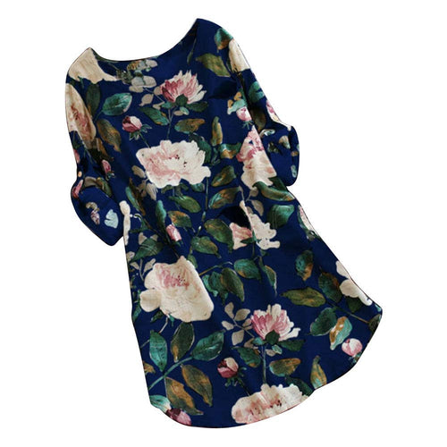 Filfeel Vestido de Estampado de Flores con Cuello en V con Abertura en la Mitad de la Mitad de la Manga de Las Mujeres, Vestido Suelto Maxi (L-Navy Blue)