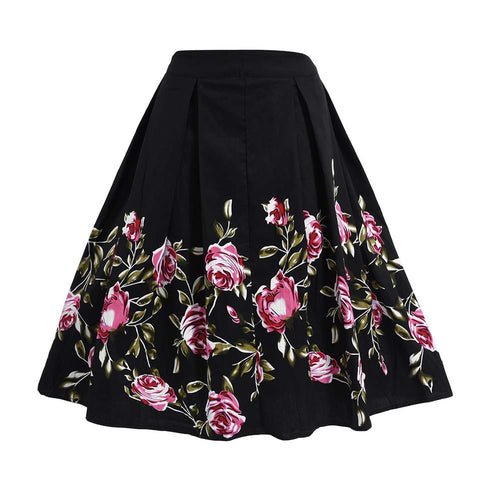 FTVOGUE Falda midi plisada con estampado floral vintage de cintura alta en A-line para mujeres