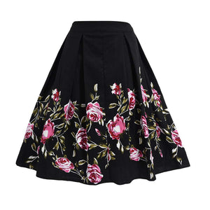 FTVOGUE Falda midi plisada con estampado floral vintage de cintura alta en A-line para mujeres
